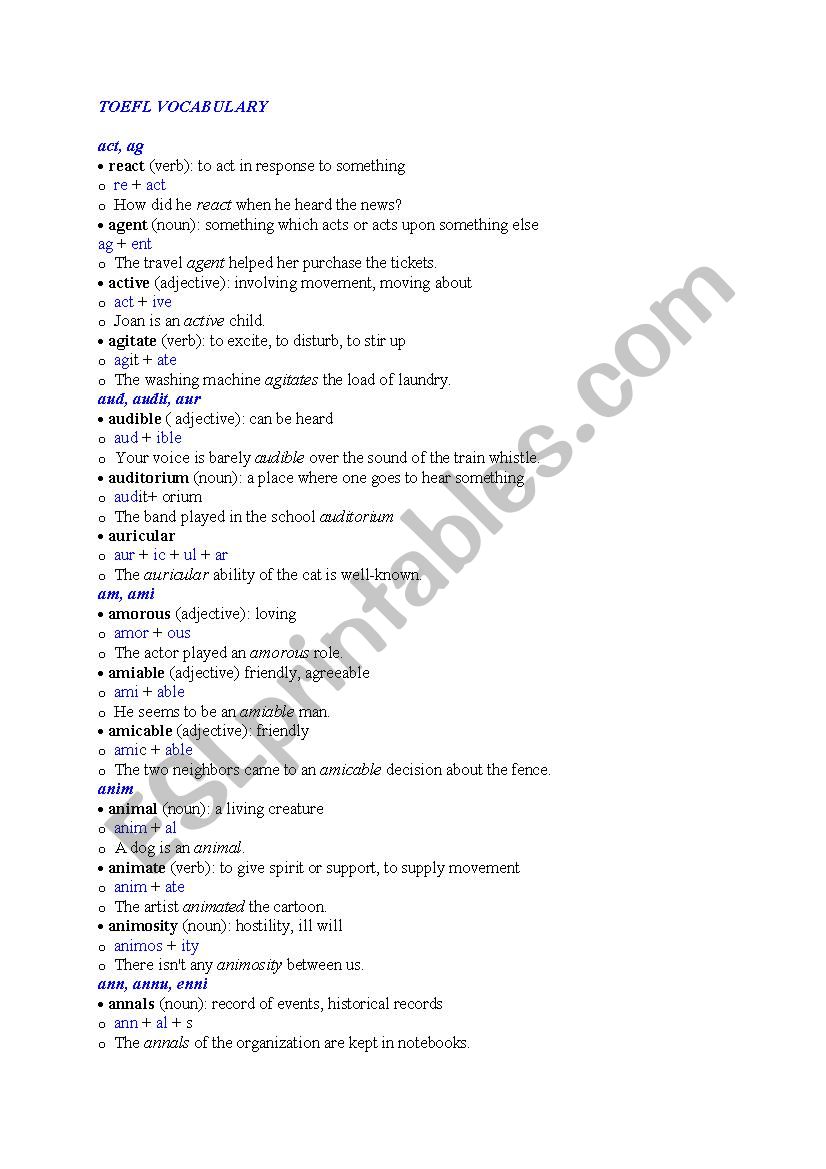 toefl vocabulary worksheet