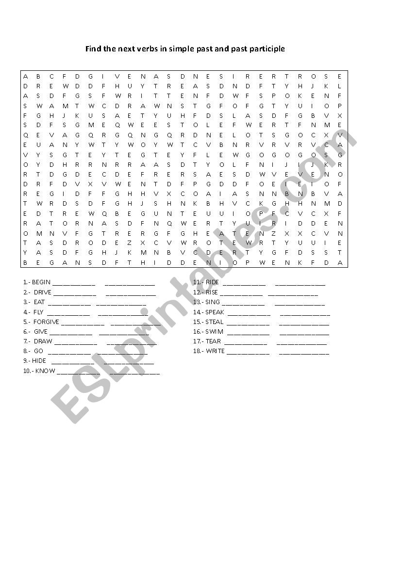 Wordsearch with verbs in simple past and past participle