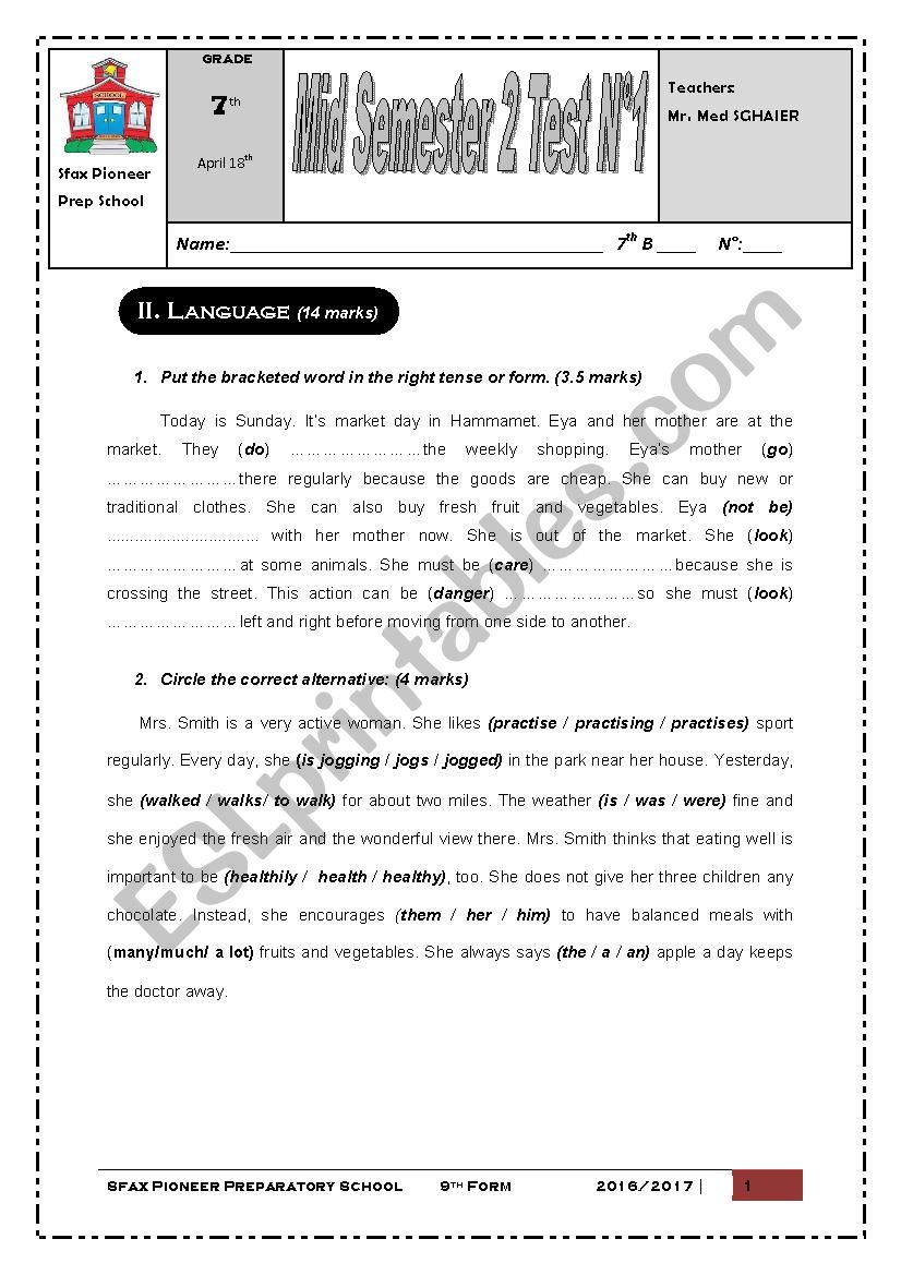 Sfax Pioneer Prep School 7th Mid Semester 2 Test N2