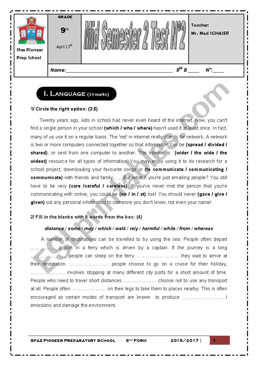 Sfax Pioneer Prep School 9th Mid Semester 2 Test N2