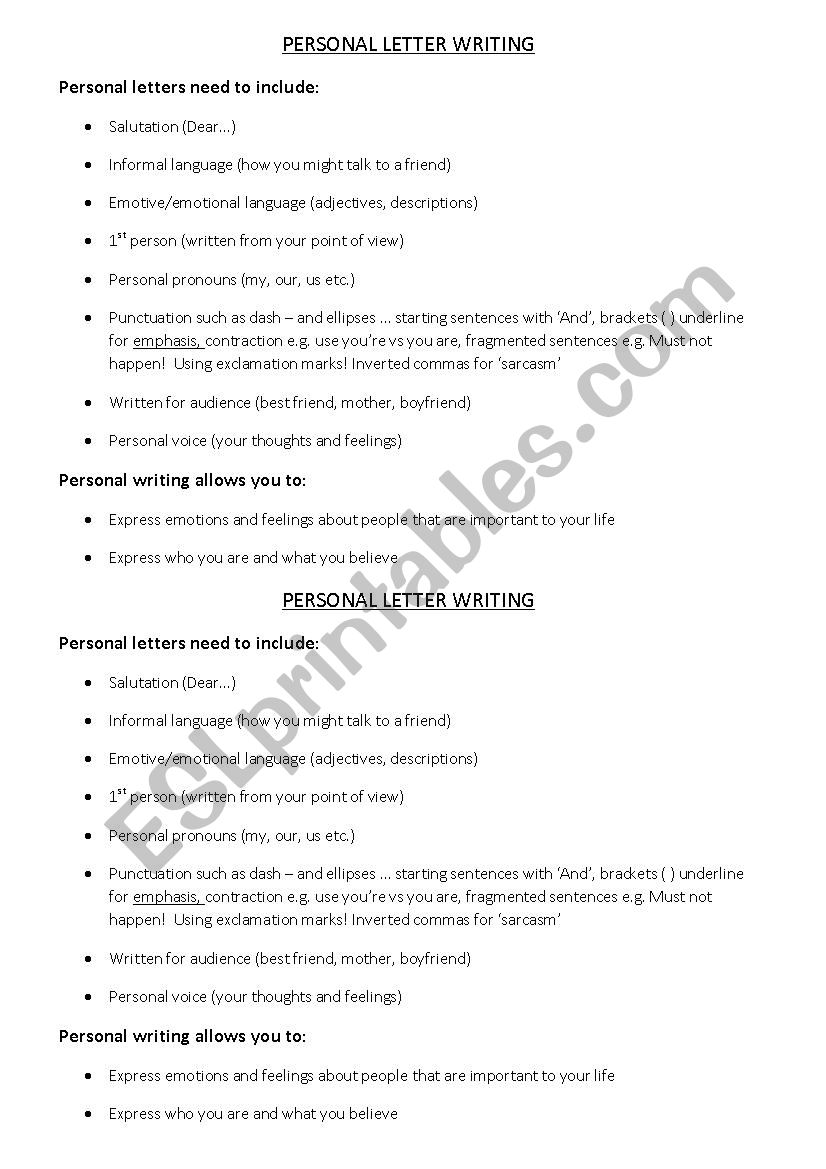 Personal Letter Writing worksheet