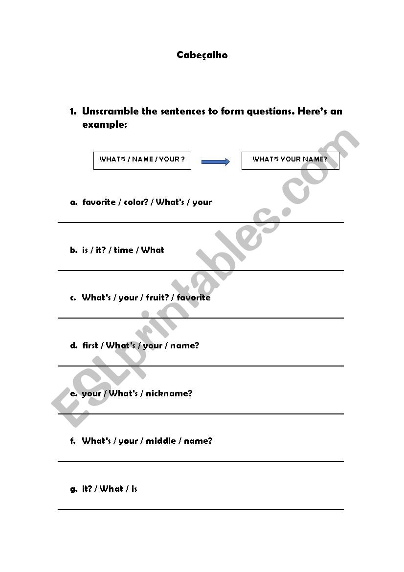 What Questions worksheet