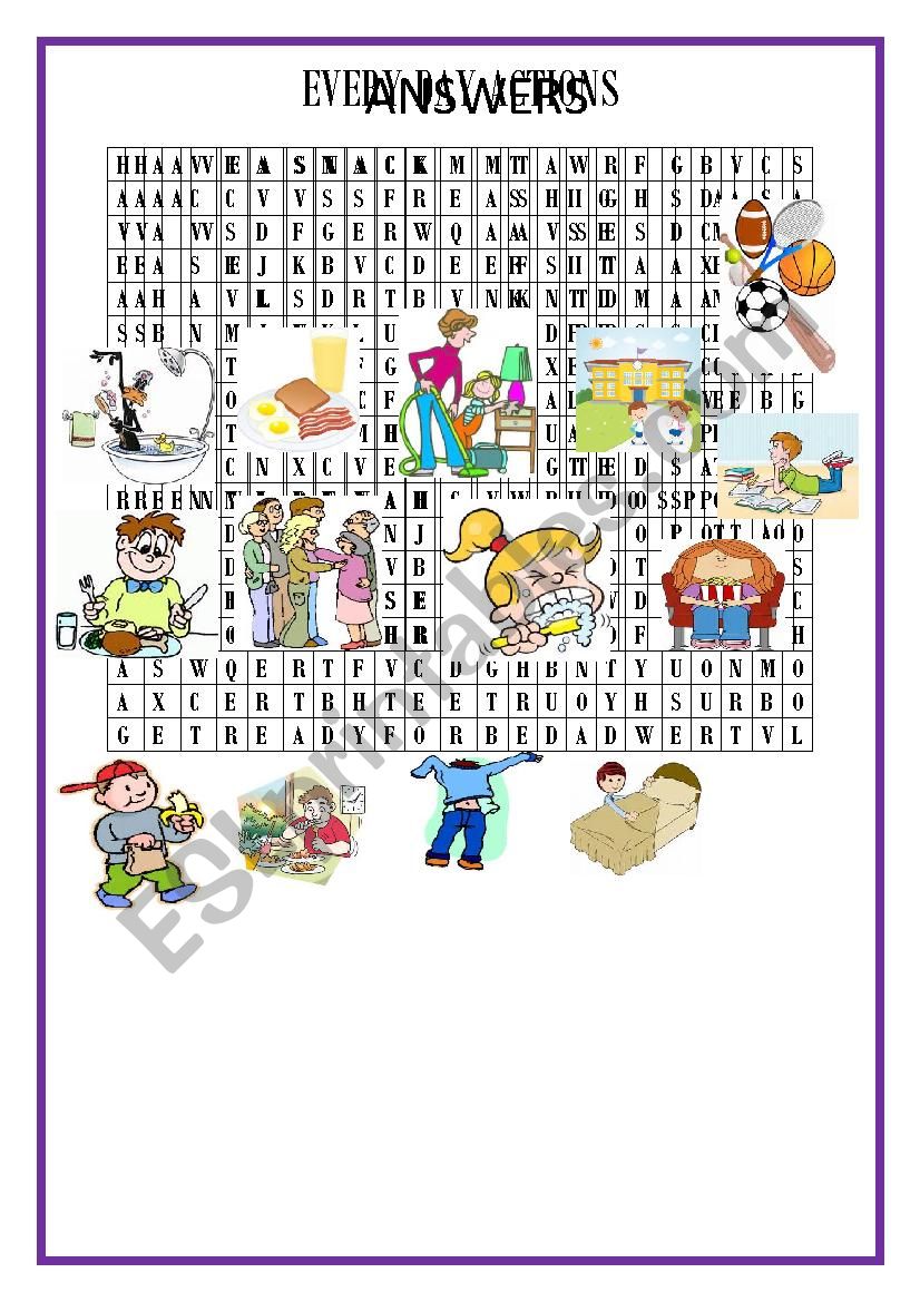Wordsearch Every day actions worksheet