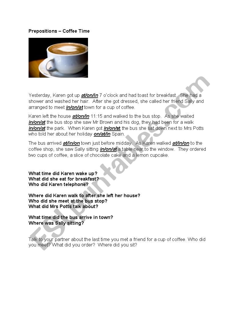 Prepositions - Coffee Time  worksheet