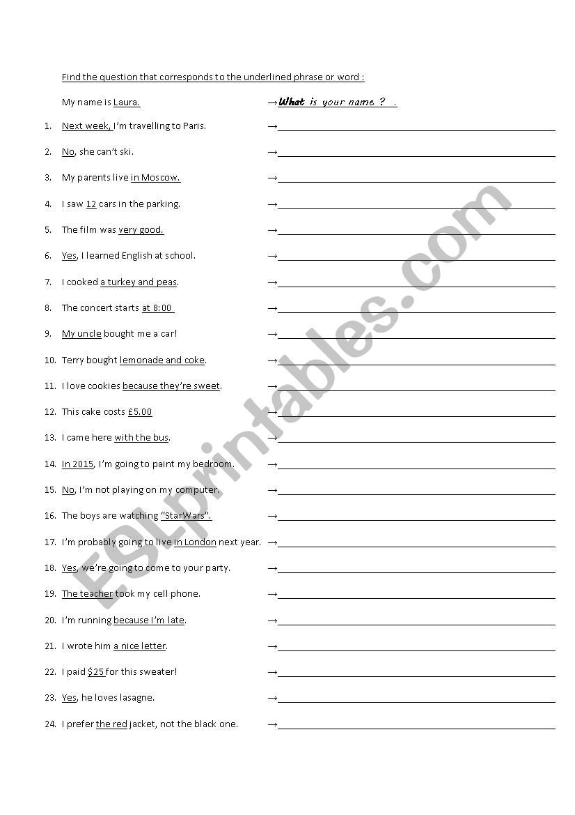 Question words and structures worksheet