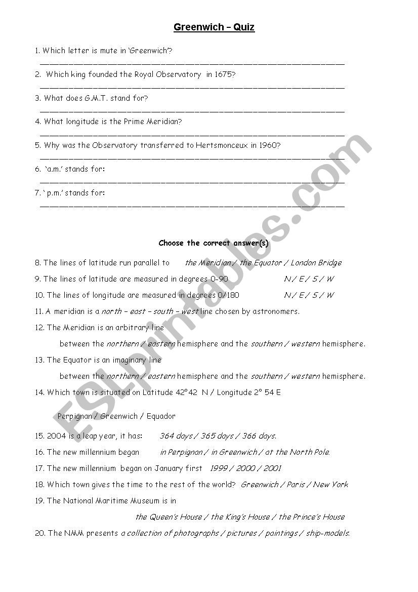 Quiz about Greenwich worksheet