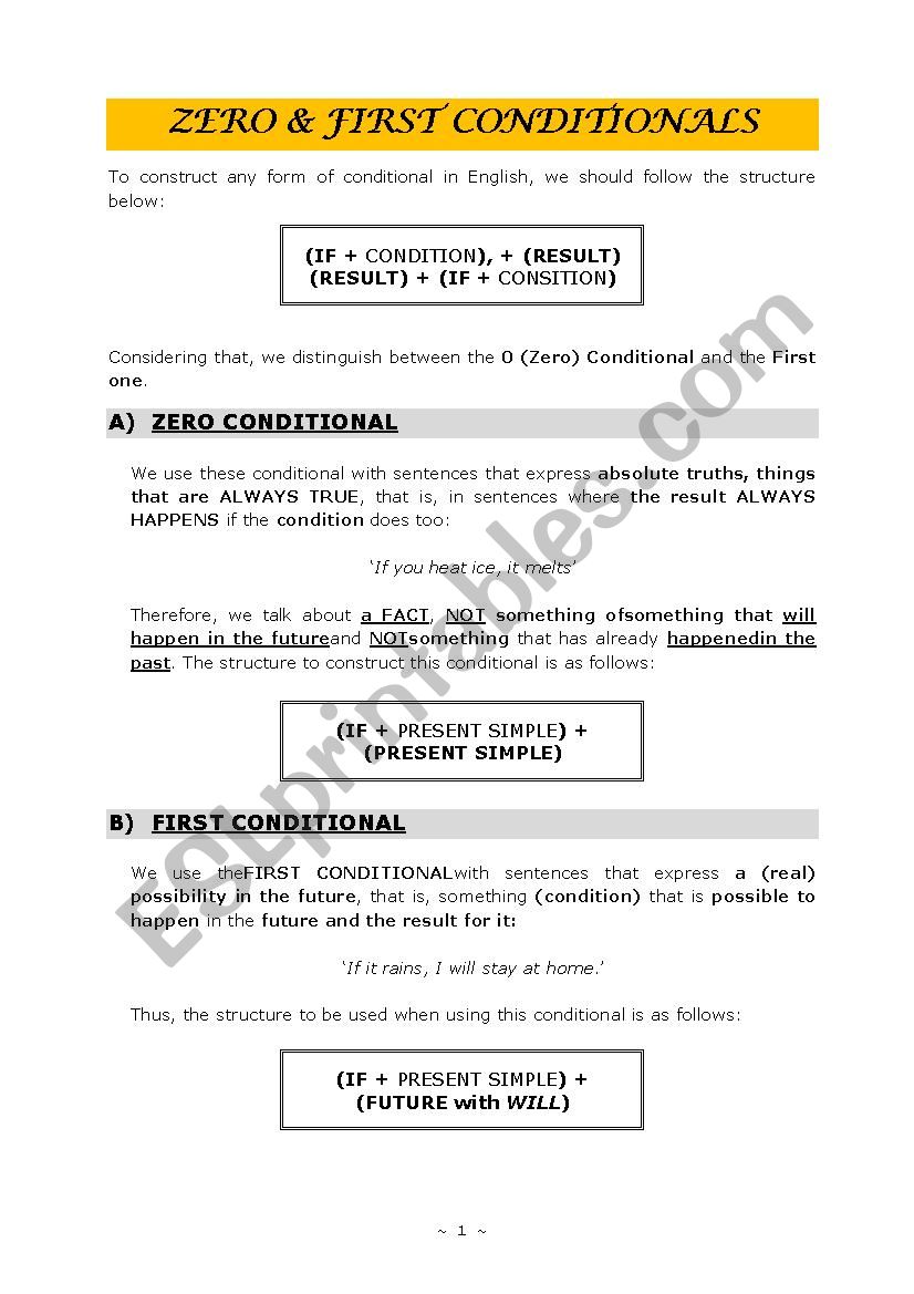 0 (ZERO) & FIRST CONDITIONALS worksheet