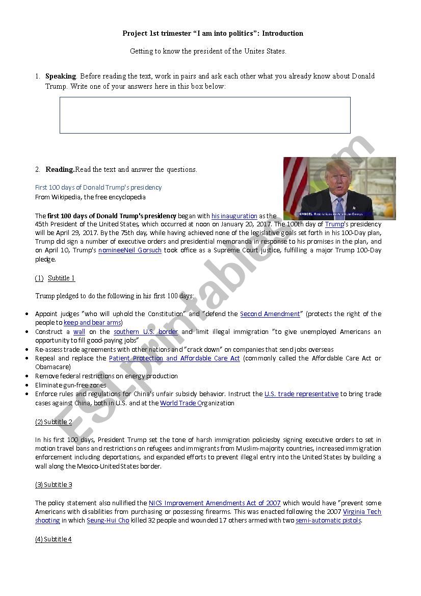 Trumps speech worksheet