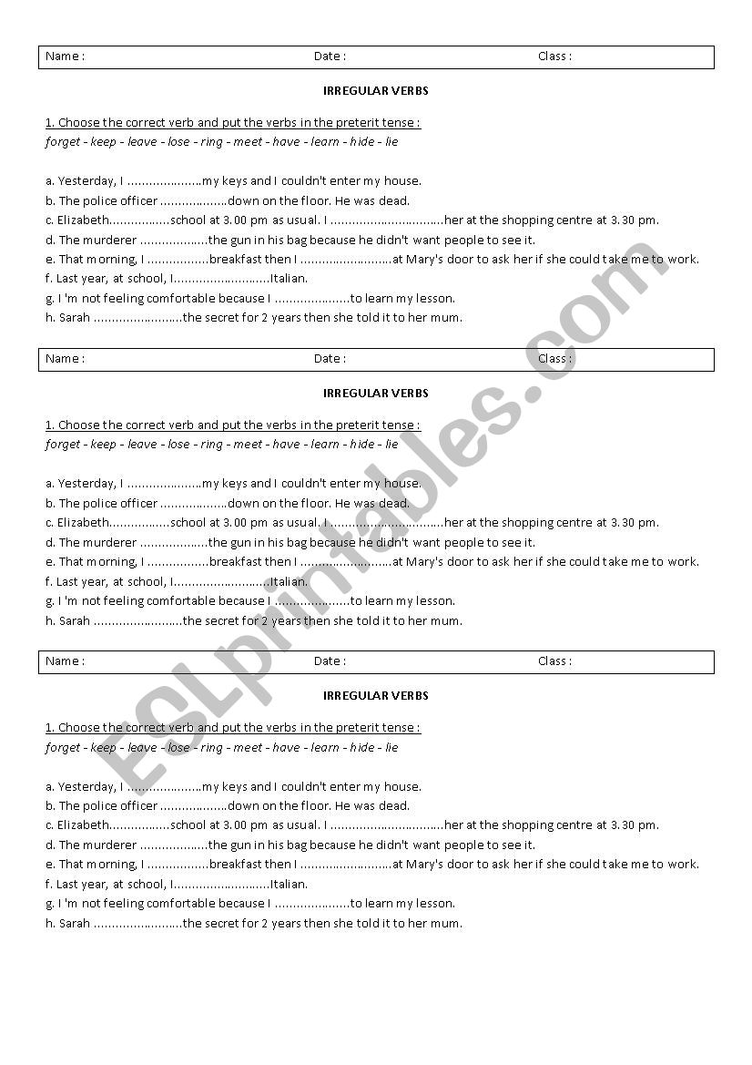 Irregular verbs test worksheet