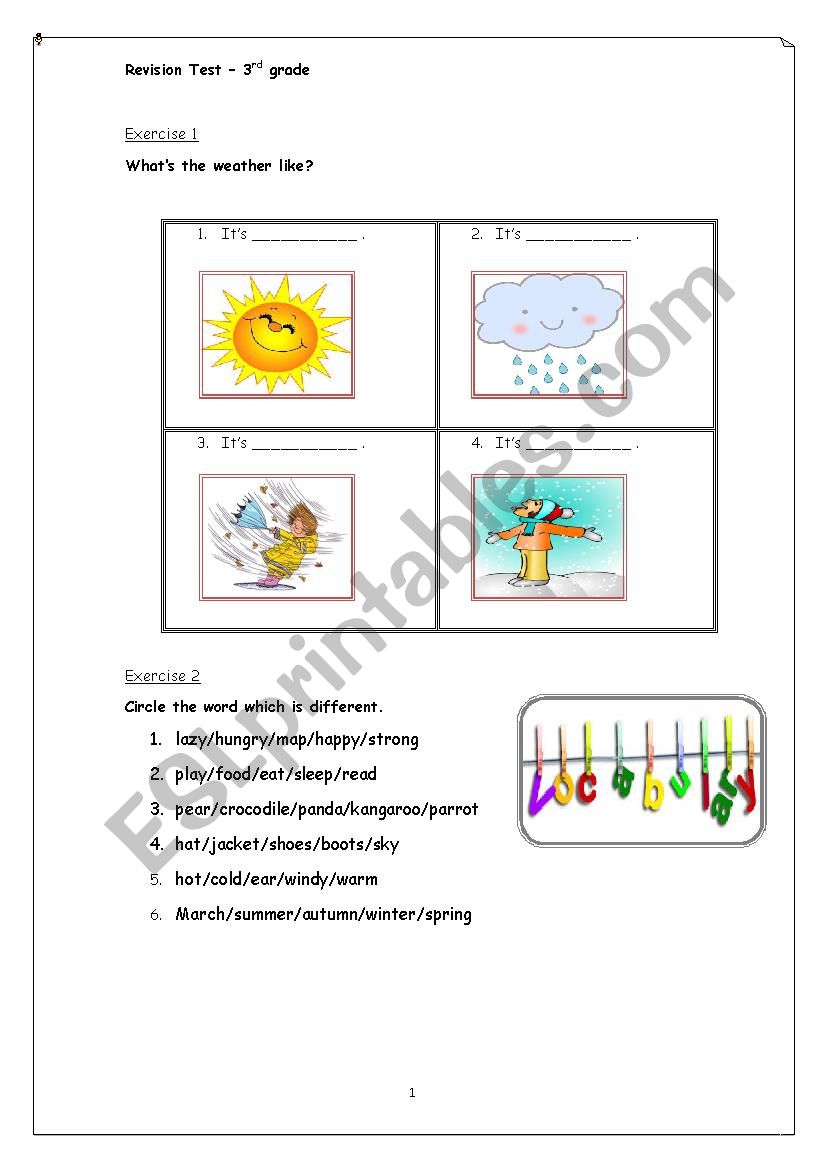 Revision test-3rd grade- vocabulary and communicative skills