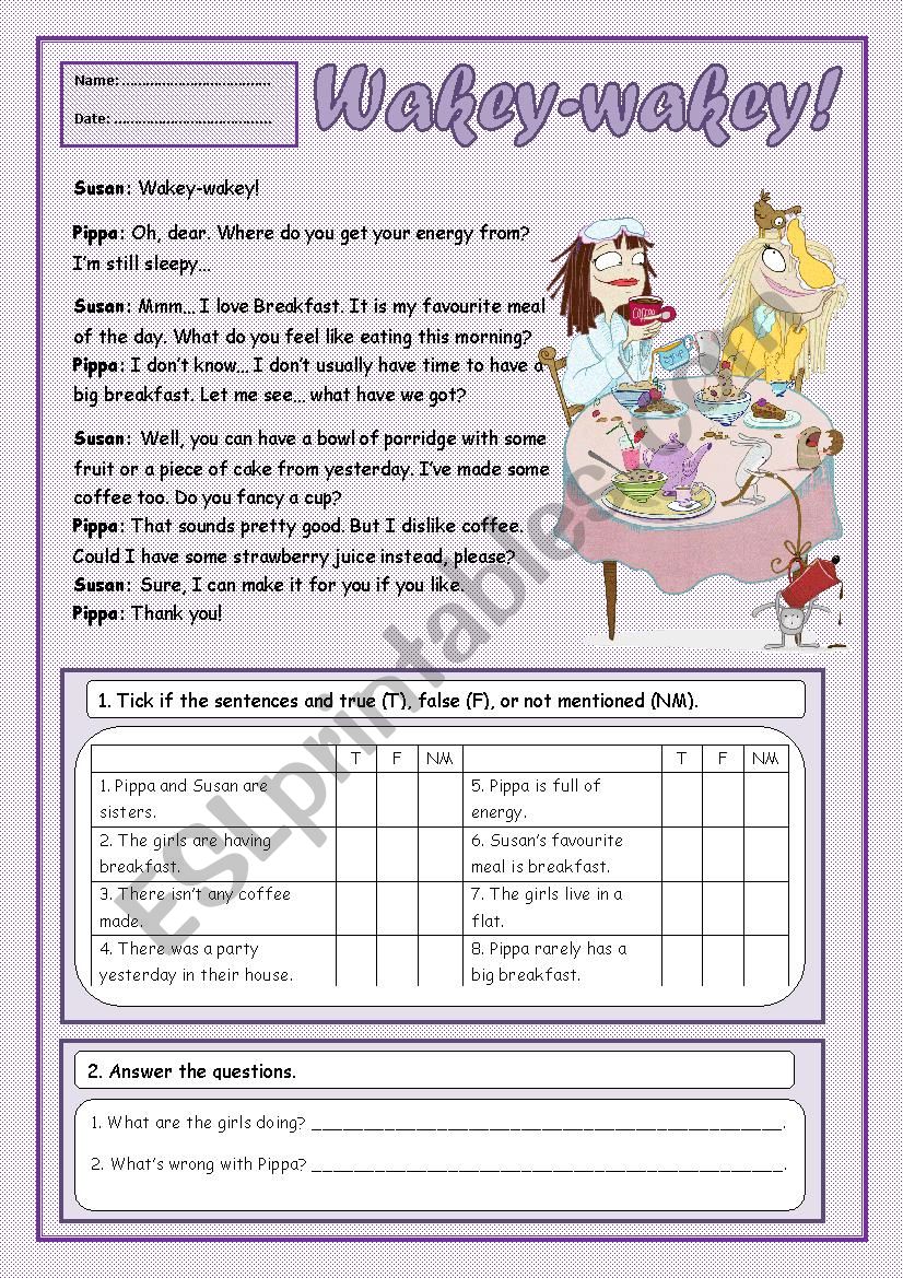 Wakey-Wakey worksheet