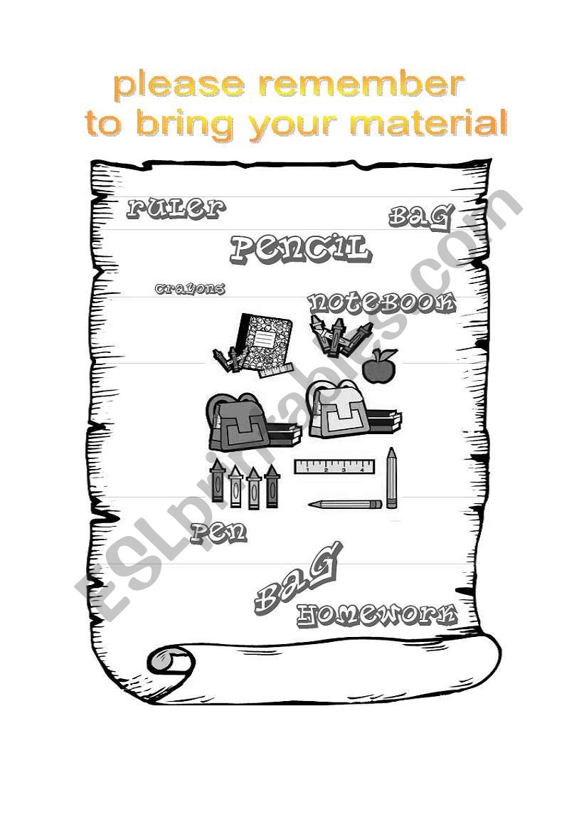 bring your materials worksheet