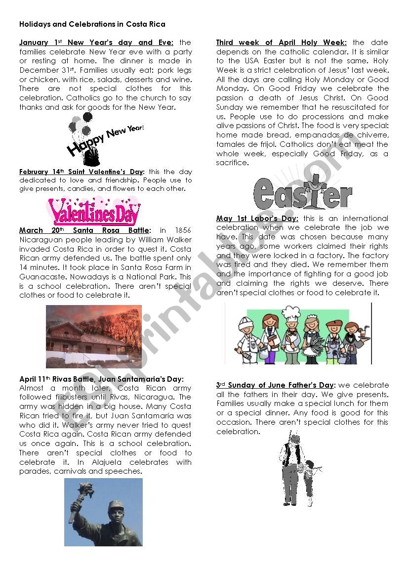 Holidays in Costa Rica worksheet