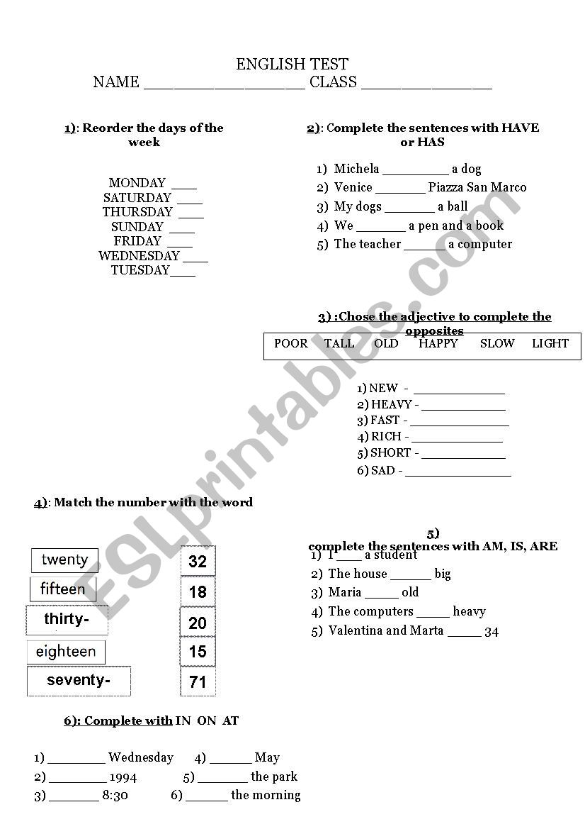 English elementary test worksheet
