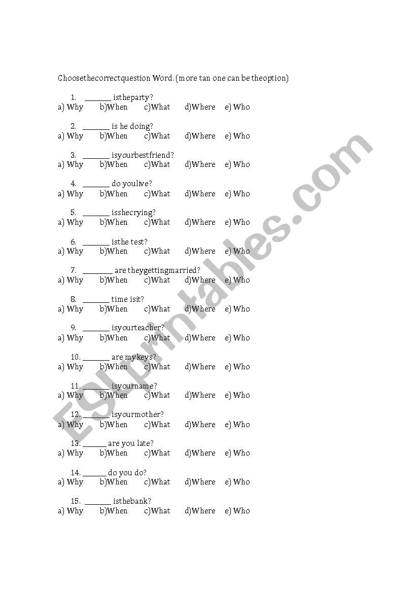 wh question multiple choise worksheet