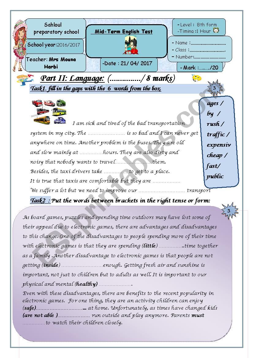 8th form mid-term test 3 worksheet