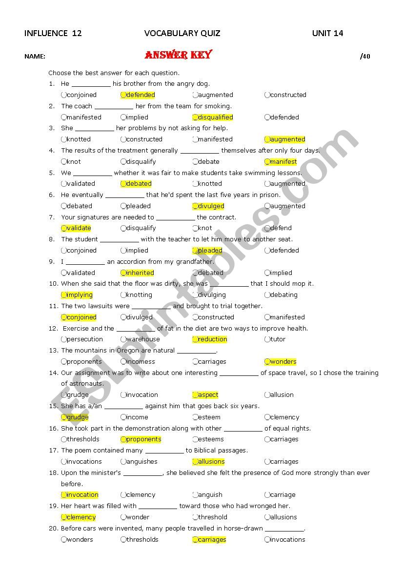   Influence 12 Unit 14 Vocabulary Quiz