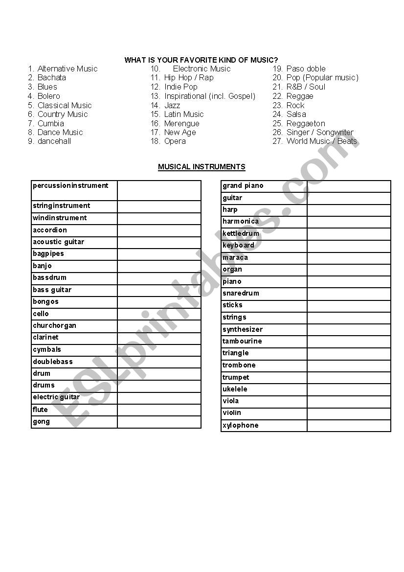 kids of music and instruments vocabulary