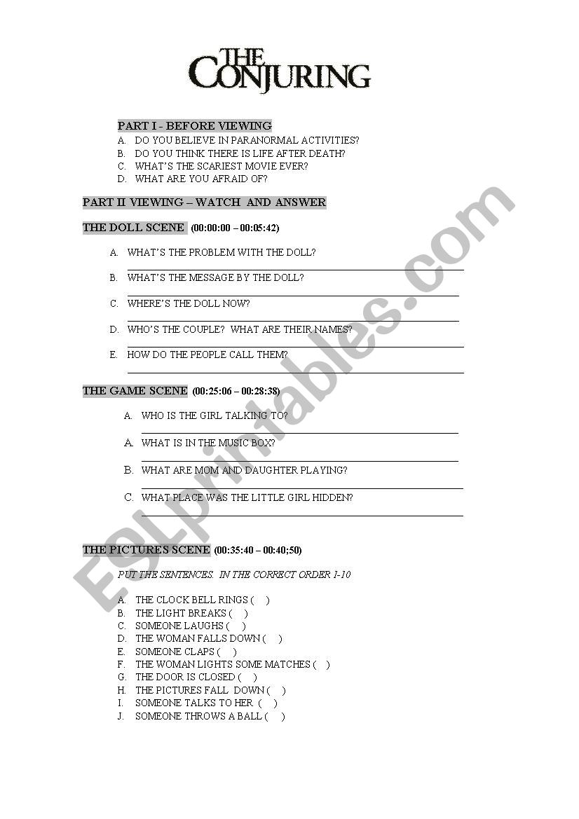 The Conjuring worksheet