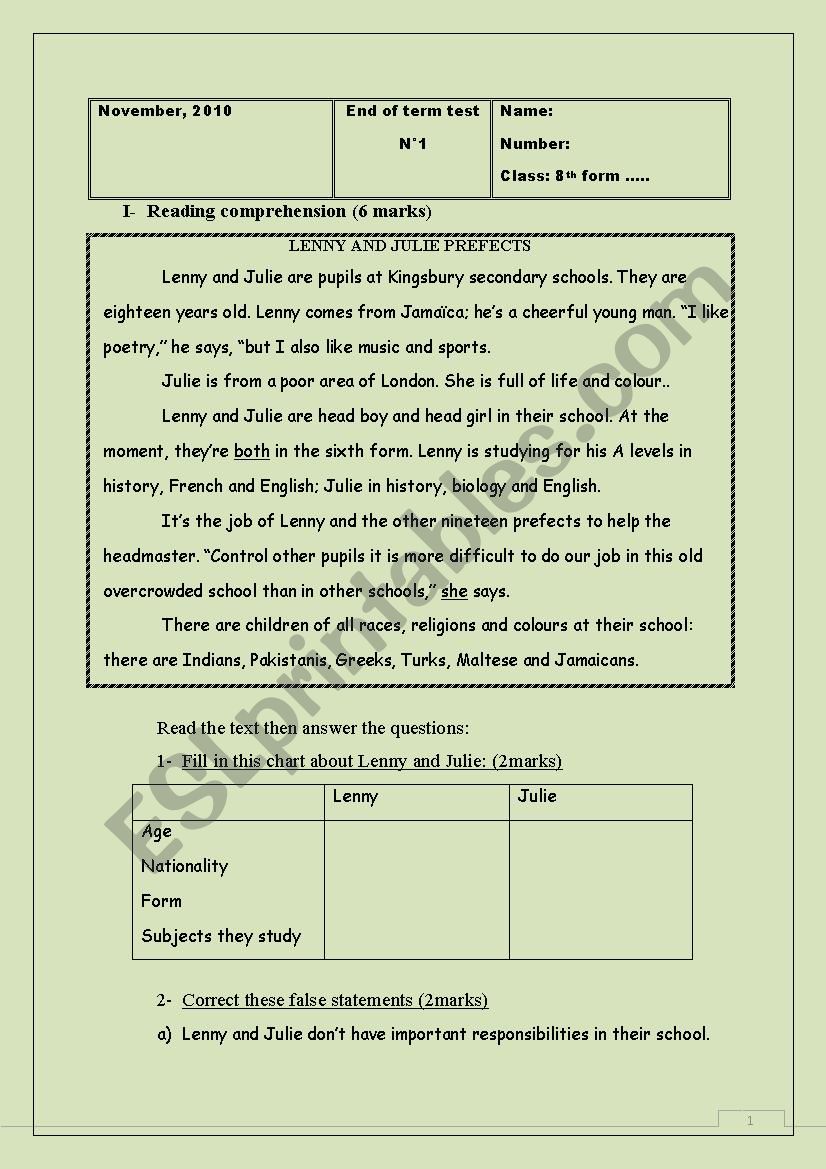 End of term 1 test worksheet