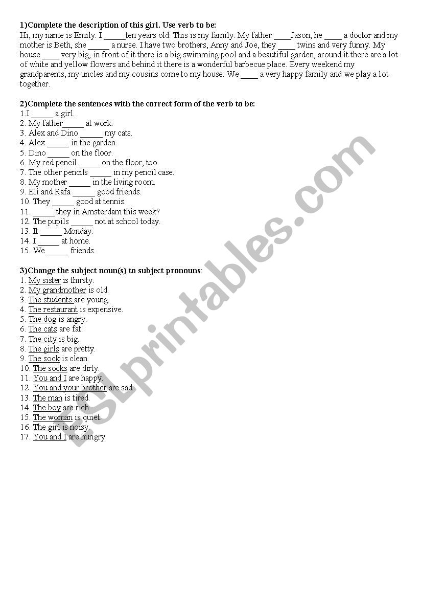 Subject pronouns and to be worksheet