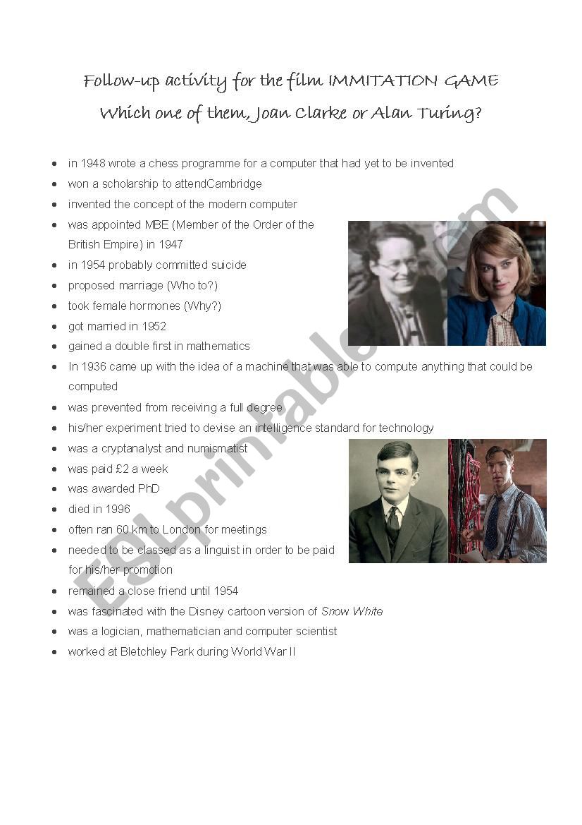 Follow-up activity for the film IMMITATION GAME Which one of them, Joan Clarke or Alan Turing?