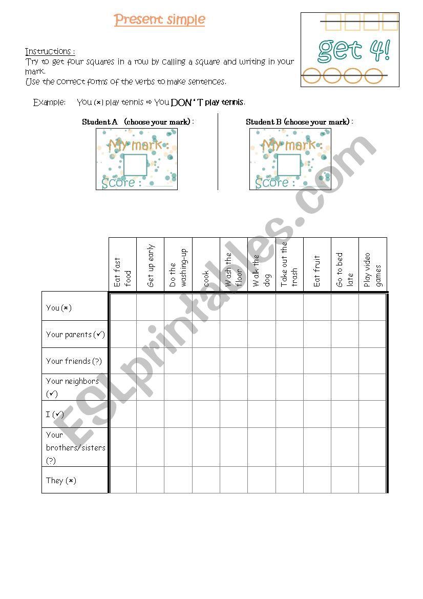 Present simple battelship or game for speaking