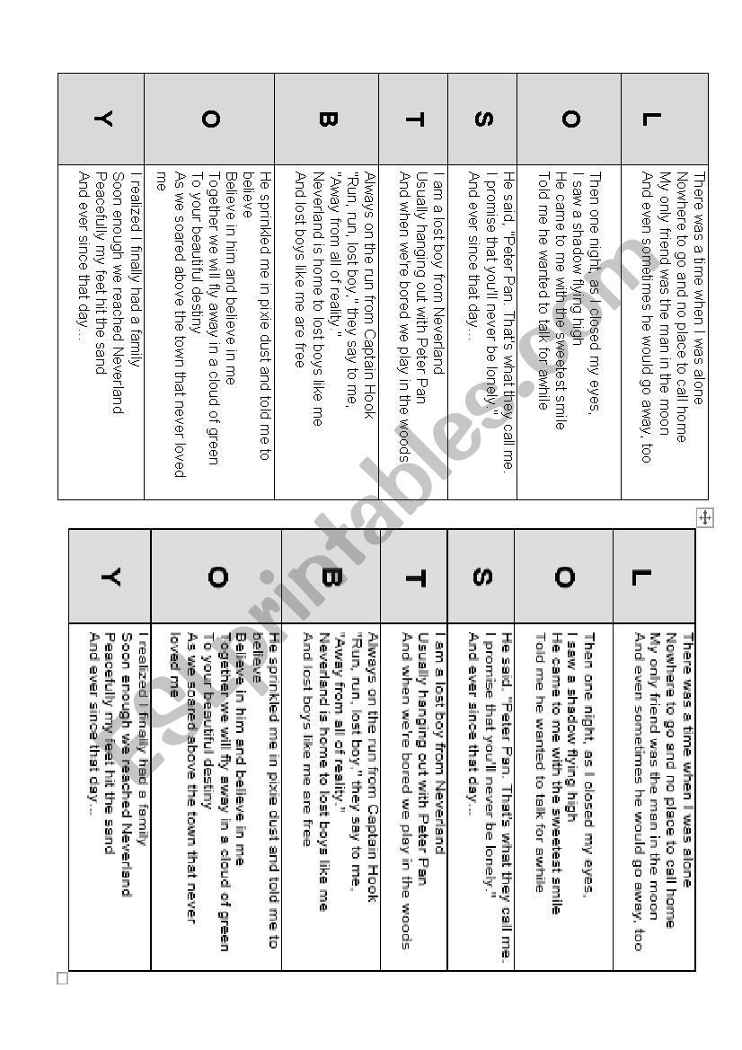 lost boy order the song  worksheet