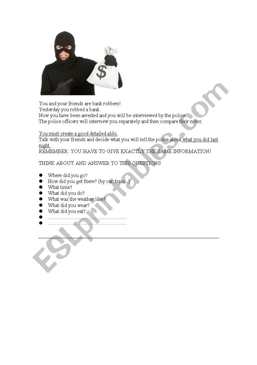 Bank robbery worksheet