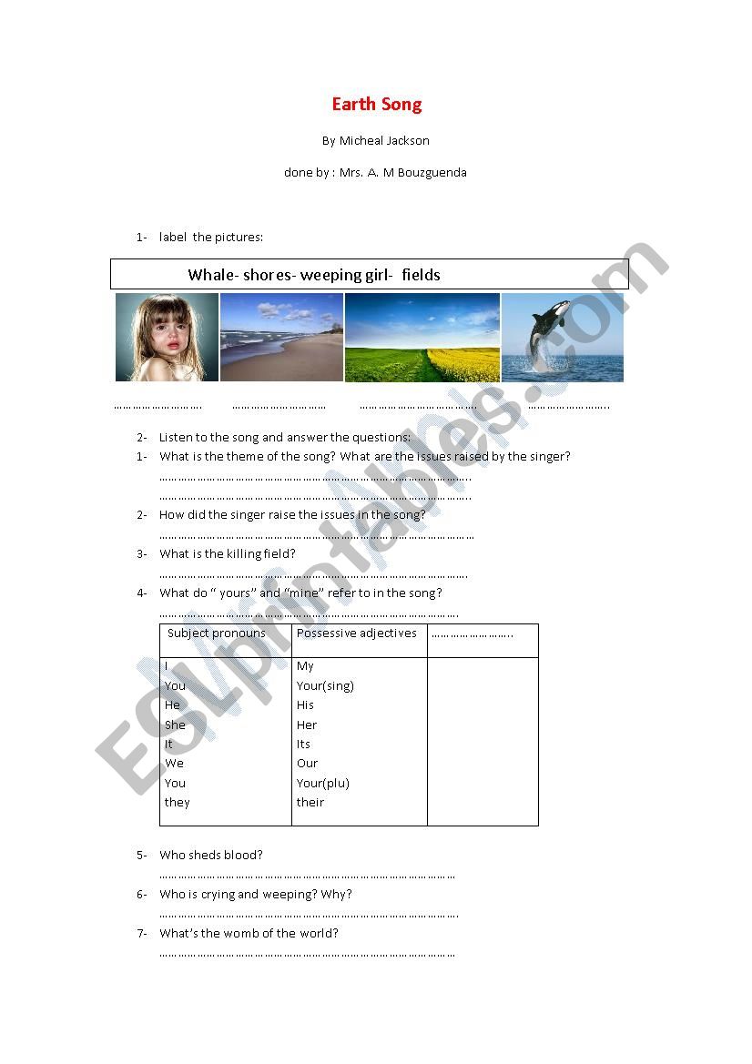 earth song (save the planet) worksheet