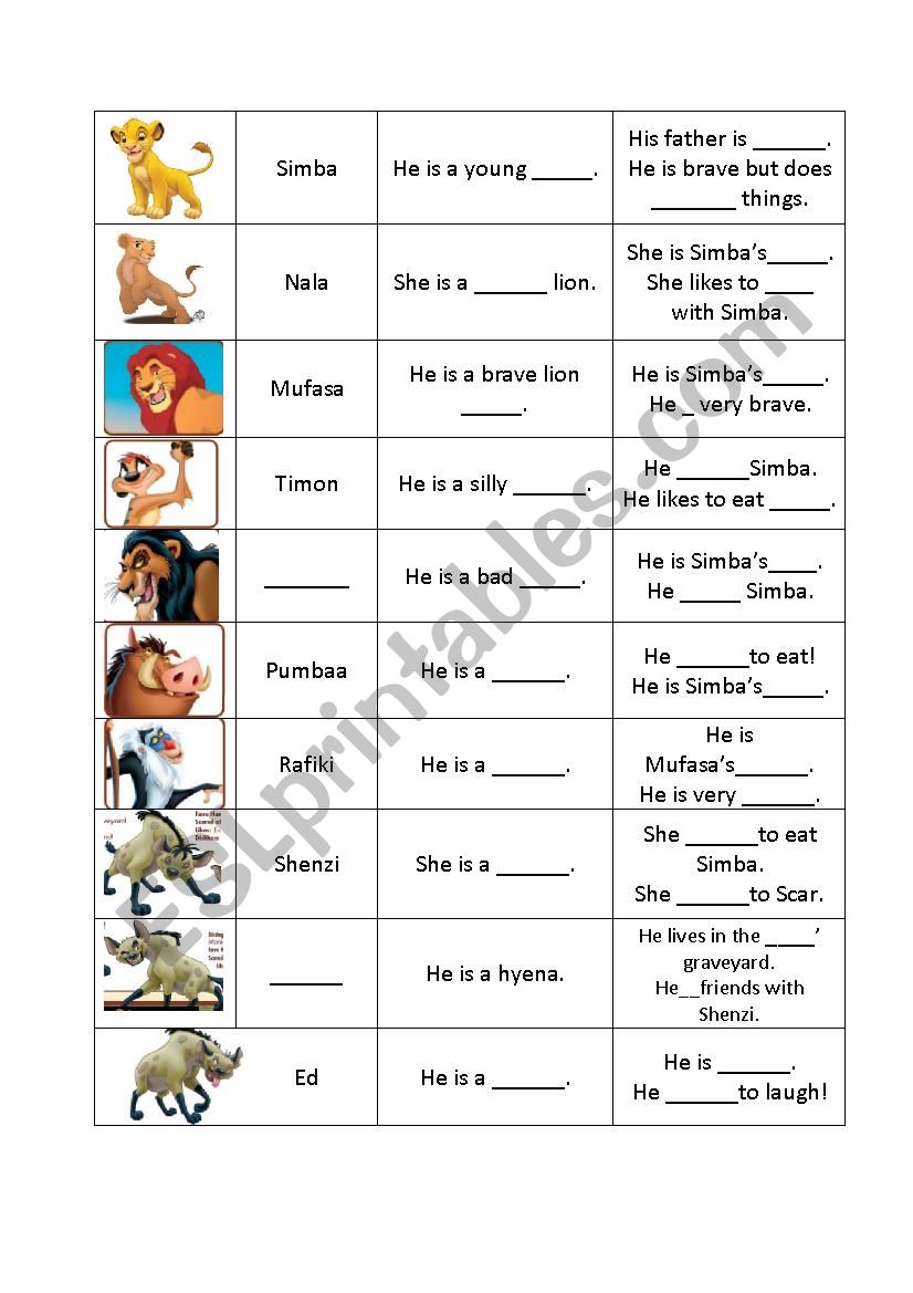 Lion King Gap fill worksheet