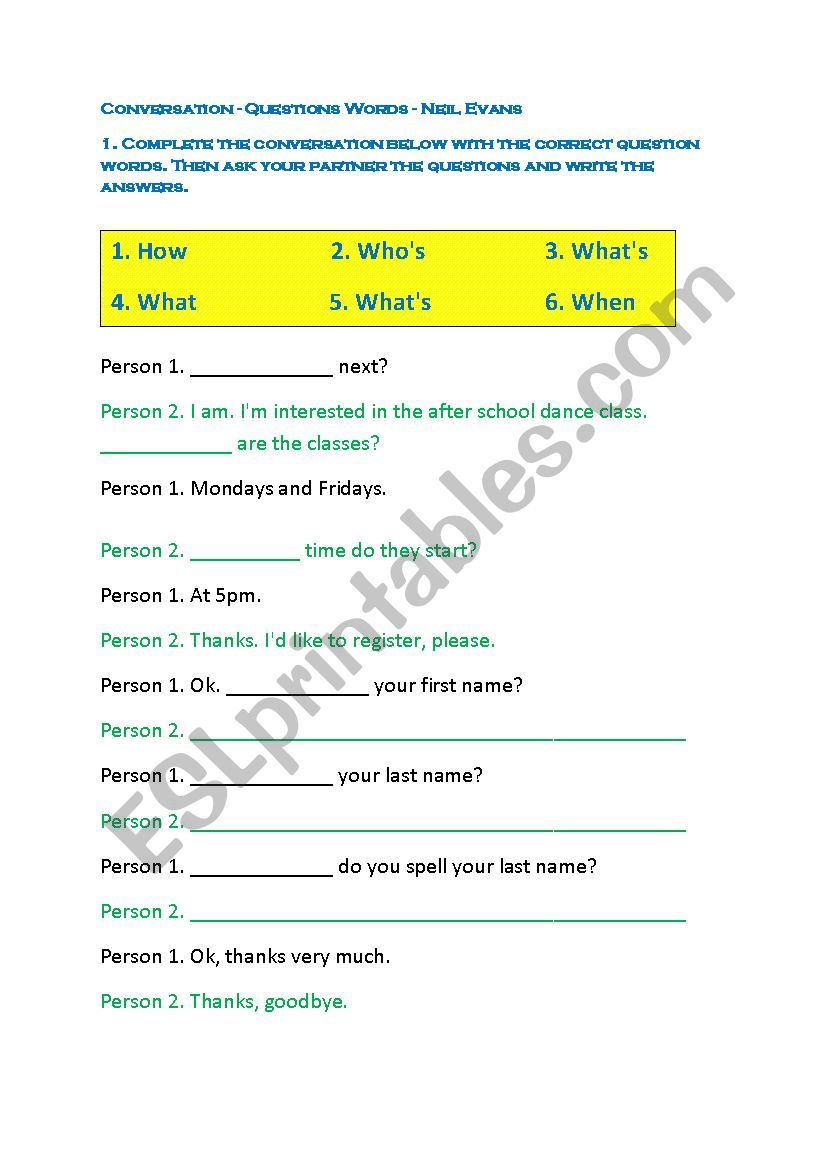 Conversation & Question Words worksheet