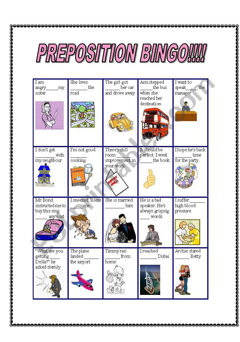Preposition BINGO worksheet