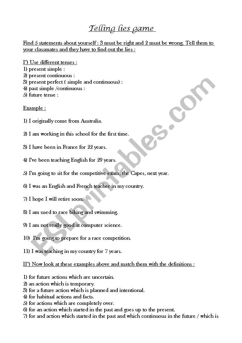 The lying game - Icebreaker worksheet