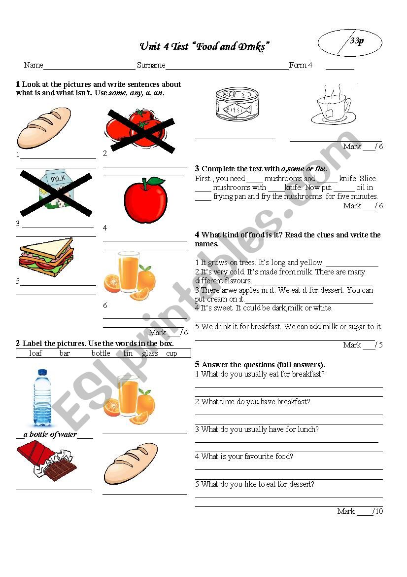 Fod and drinks worksheet