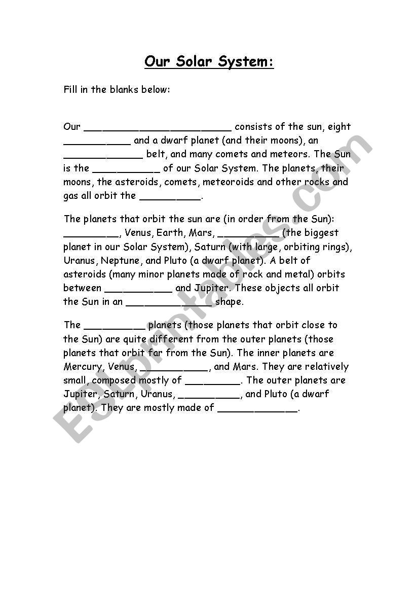 solar system worksheet