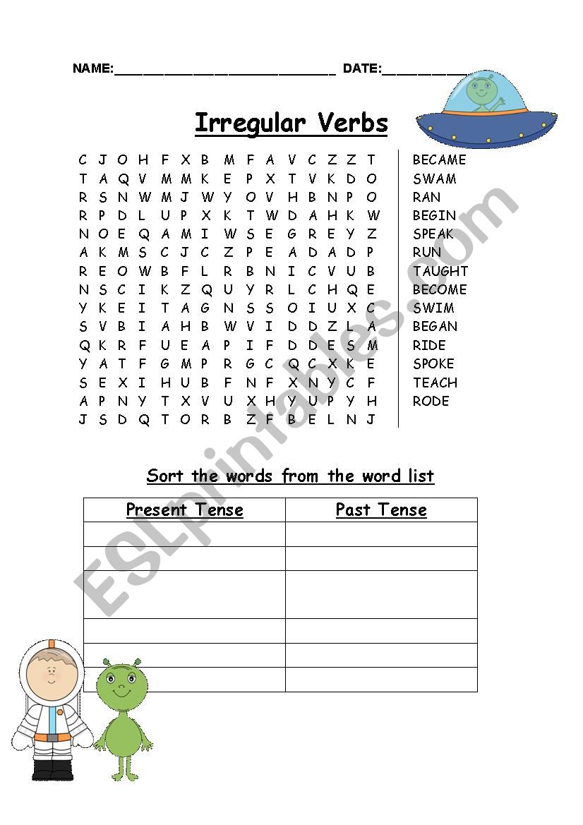 Irregular Verbs Word search worksheet