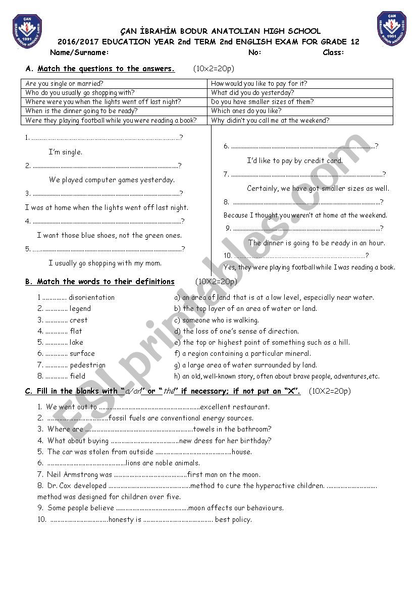wrýtten exam  worksheet