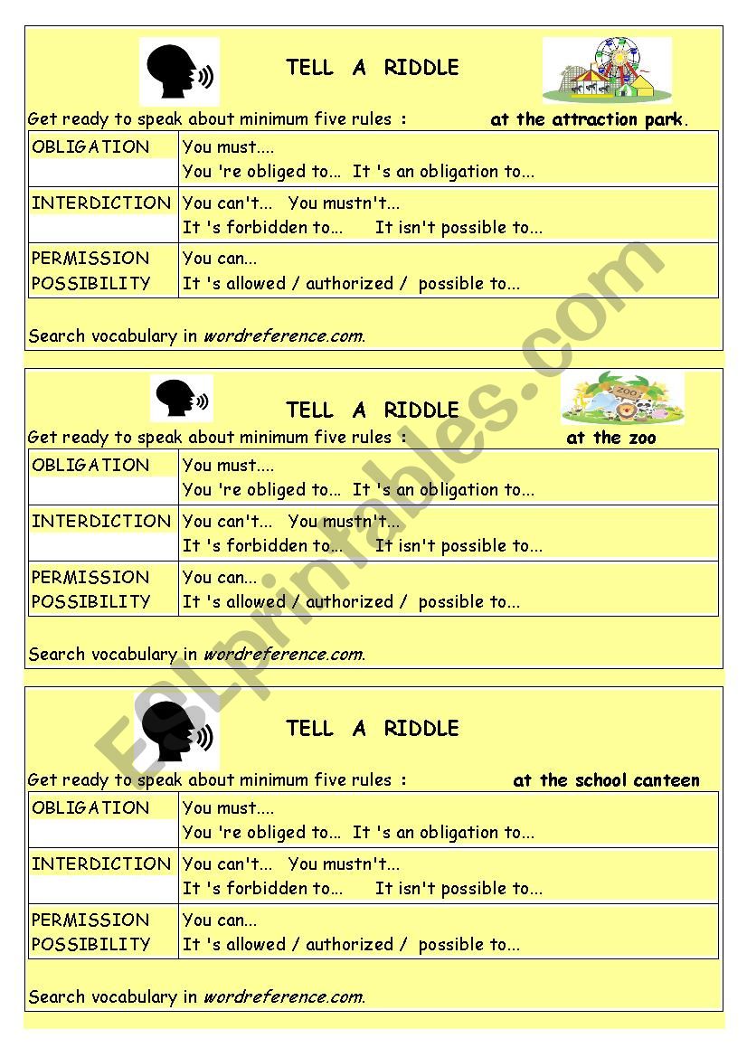 27 speaking cards : Rules in different places