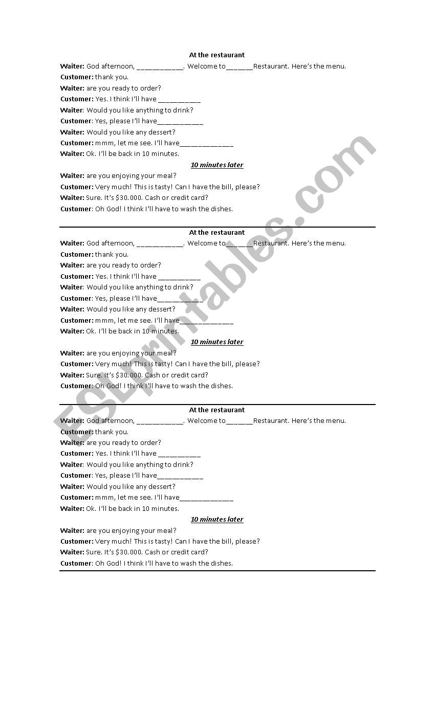At the restaurant worksheet At the restaurant worksheet