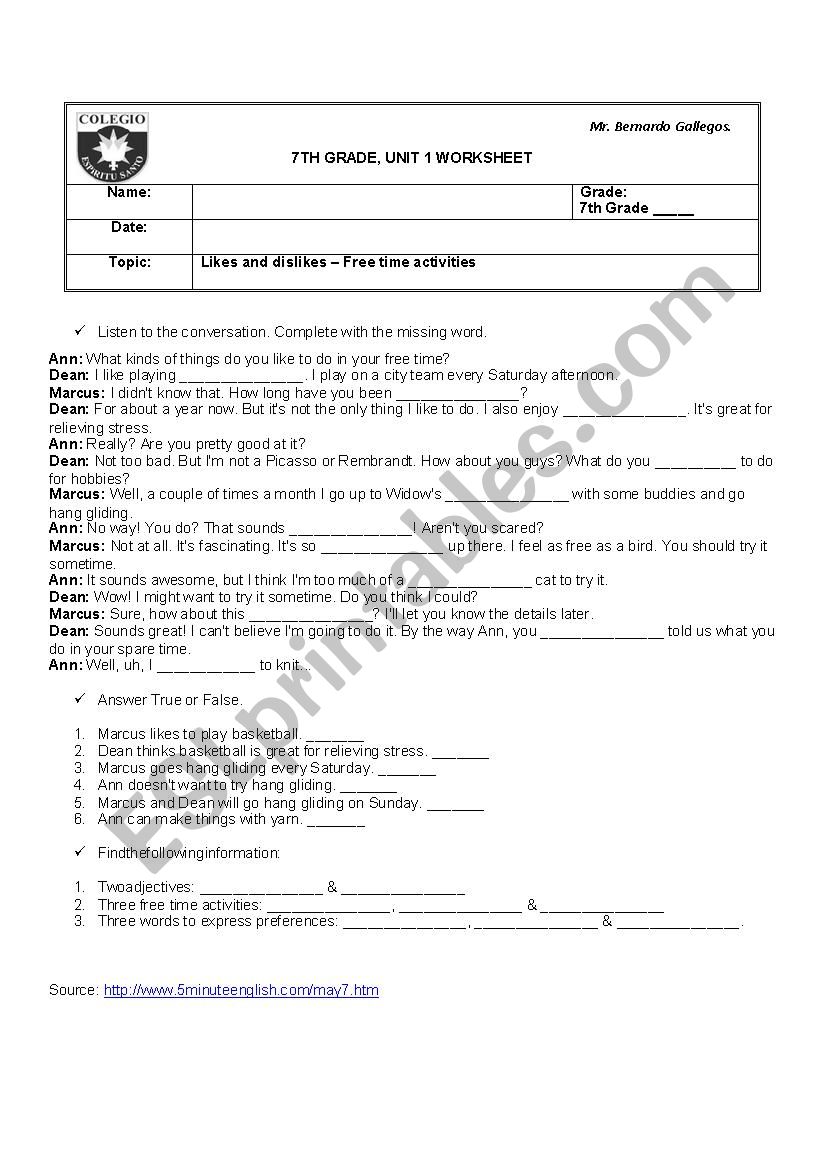 Freetime activities worksheet