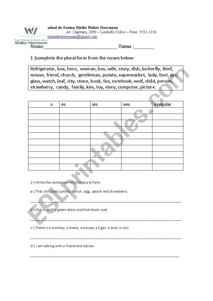 plural nouns worksheet