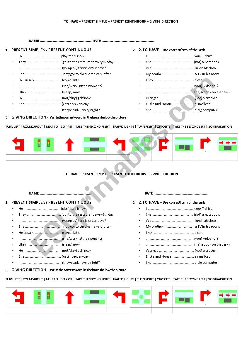 Worksheet Present Simple vs. Continuous and Directions