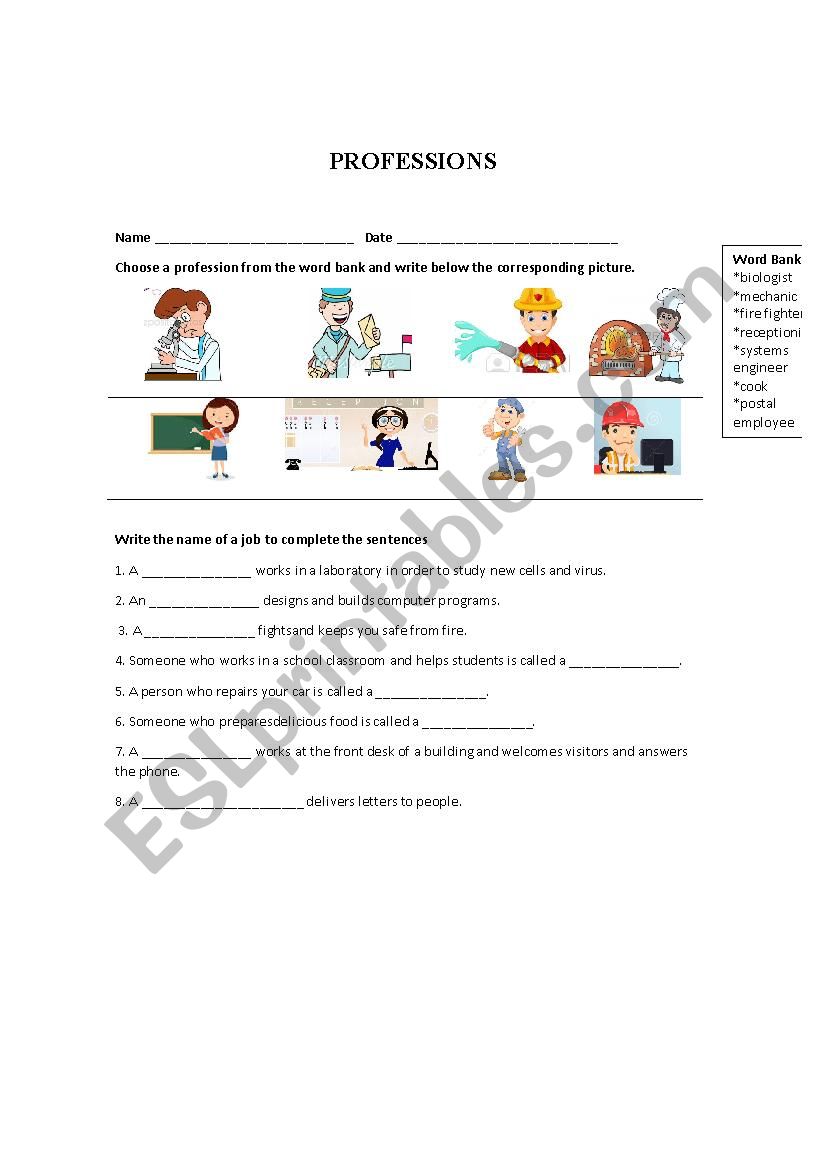 Professions worksheet