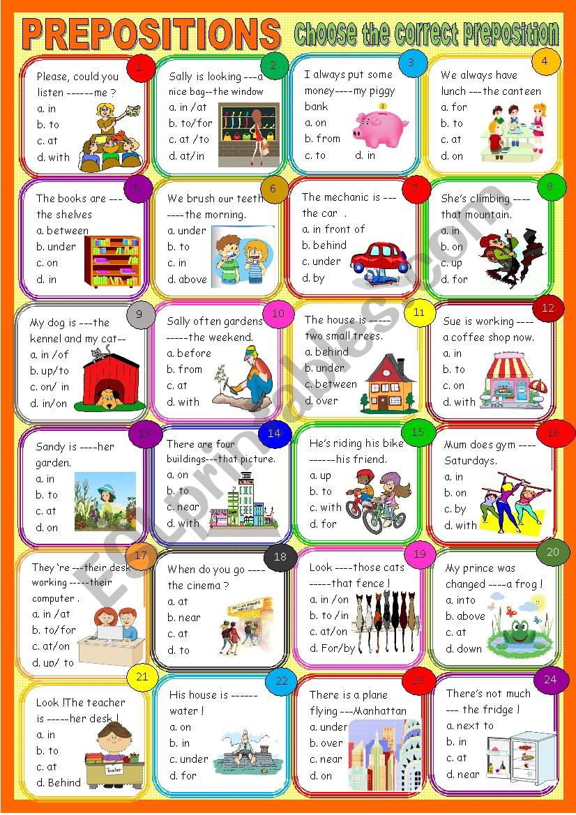 prepositions; multiple choice worksheet