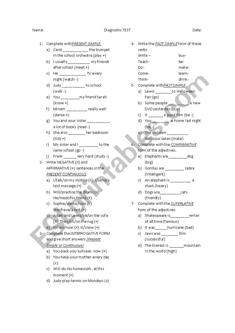 Diagnostic Test worksheet