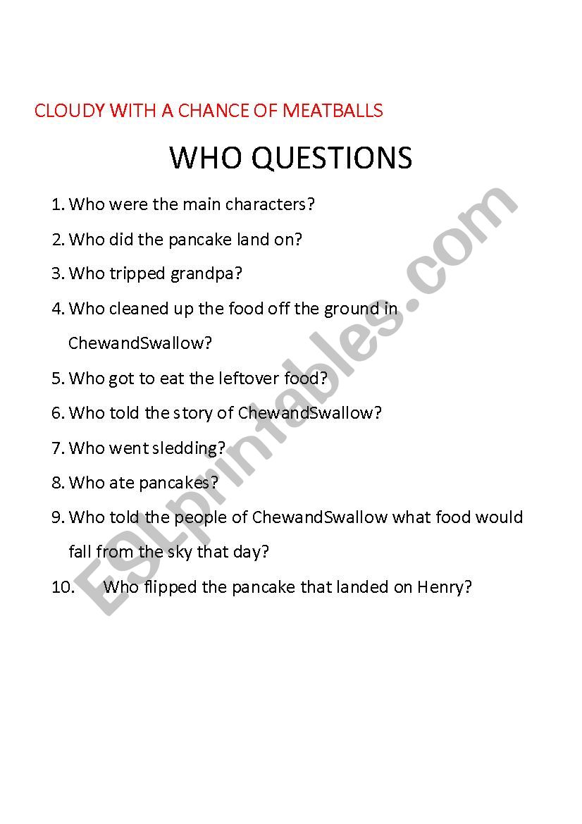 Cloudy With a Chance of Meatballs Comprehension Questions