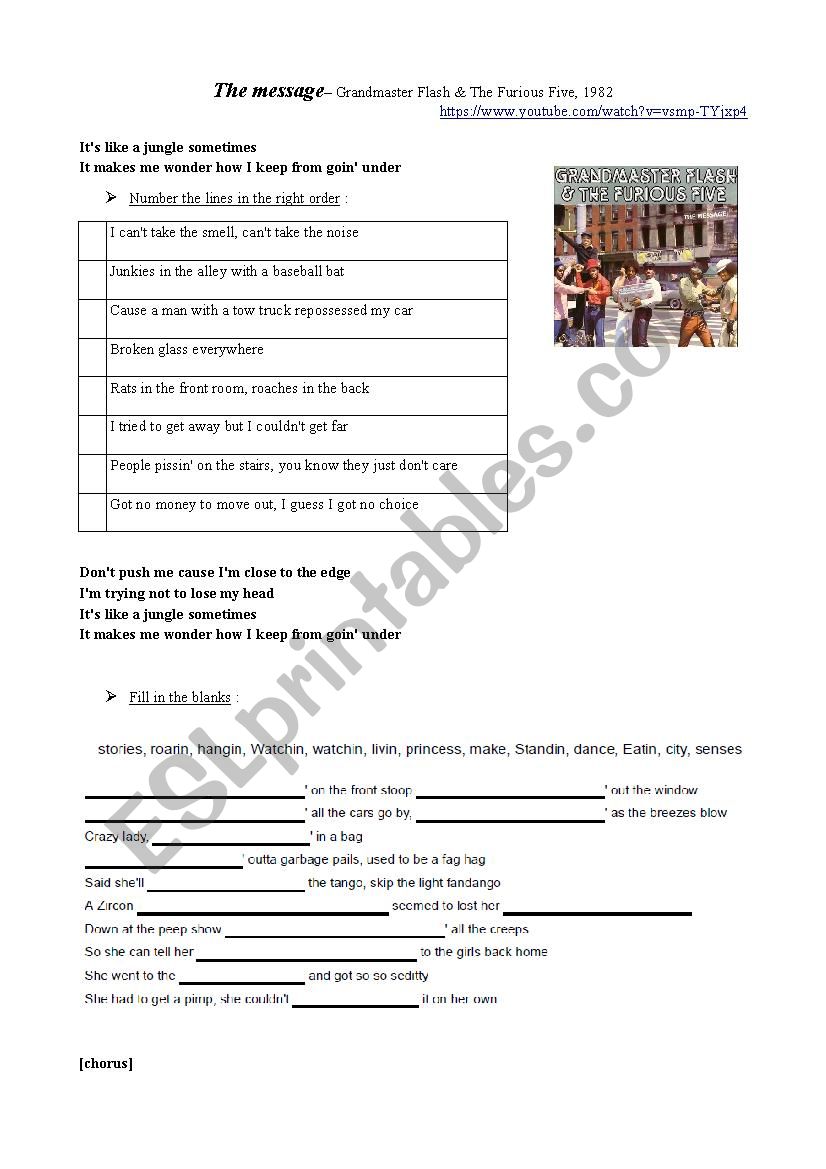 The Message by Grandmaster Flash and the Furious Five - ESL Throughout Get The Message Worksheet Answers
