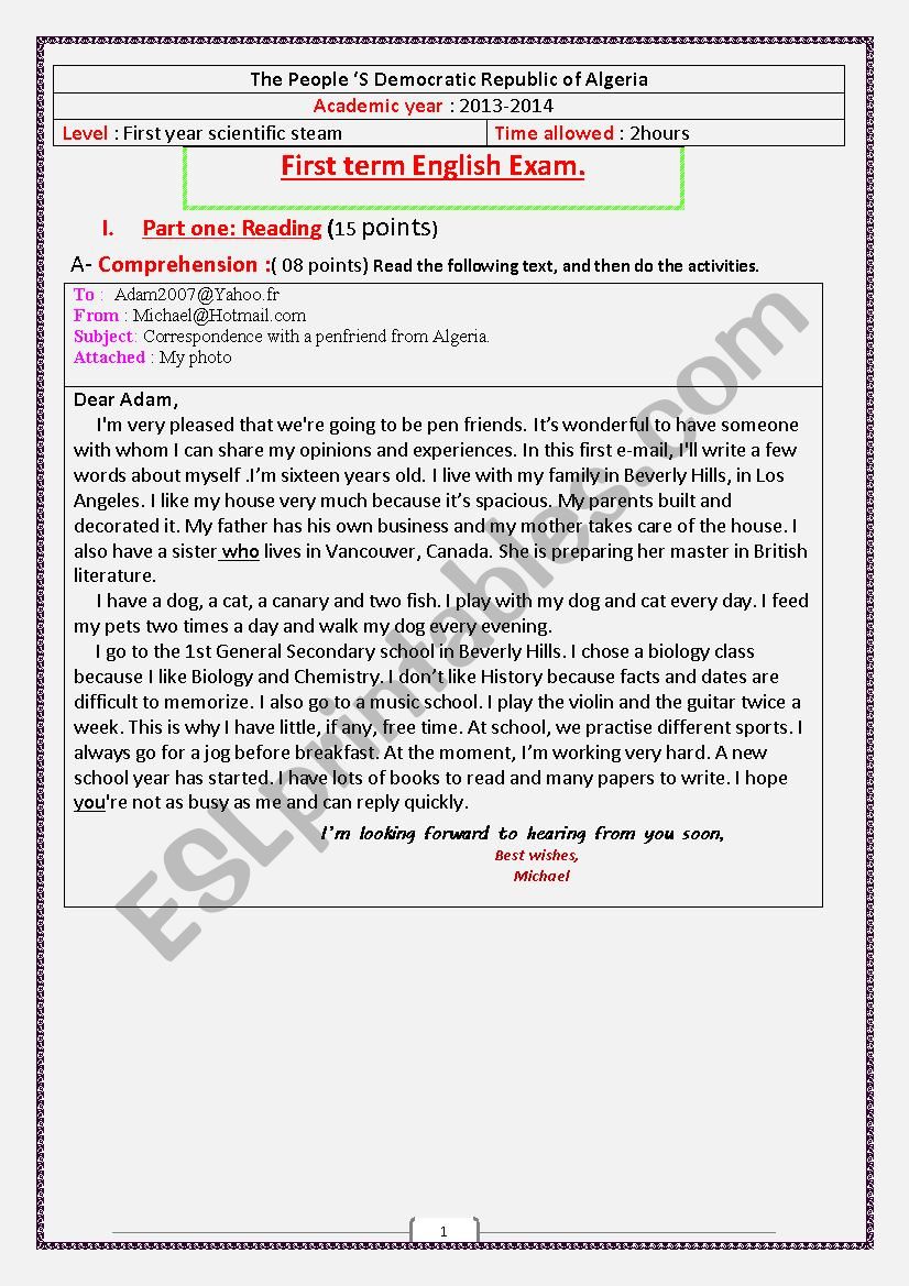 E-mail worksheet