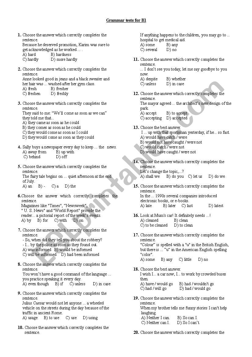 Grammar tests-8 B1 worksheet